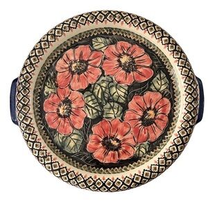 Boleslawiec Polish Pottery Unikat Serving Dish With Handles “Red Garden” Pattern
